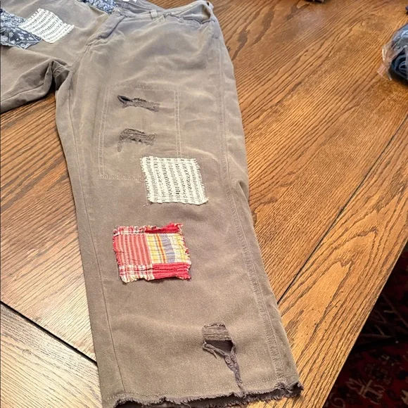 POL Patchwork Distressed Cotton Cropped Pants Boho Lagenlook Size M - Picture 6 of 16